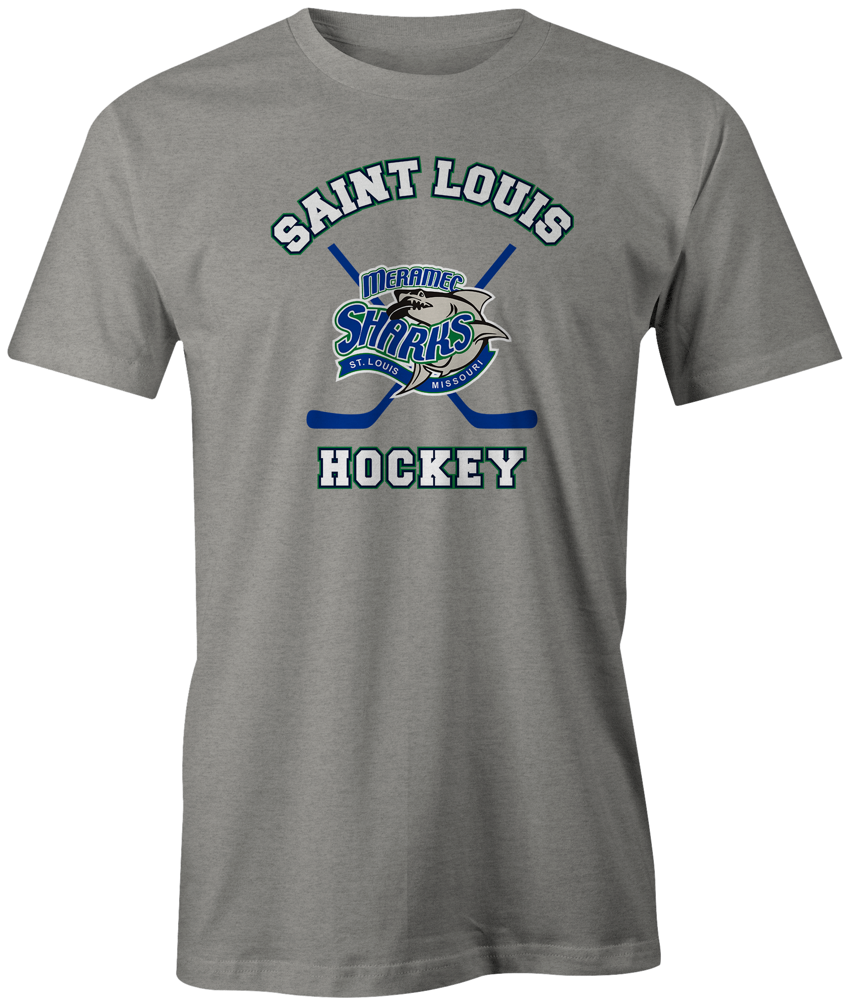 Sharks St. Louis Apparel STL Sports Hockey Team Shop Blues  Novelty Missouri Meramec Discount Sale Best Price athlete athletic fanatics rally house sporty ice rink  goal lack blue green white sticks grey gray